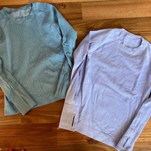 Two Lululemon long-sleeve tops green and blue size large plus tote